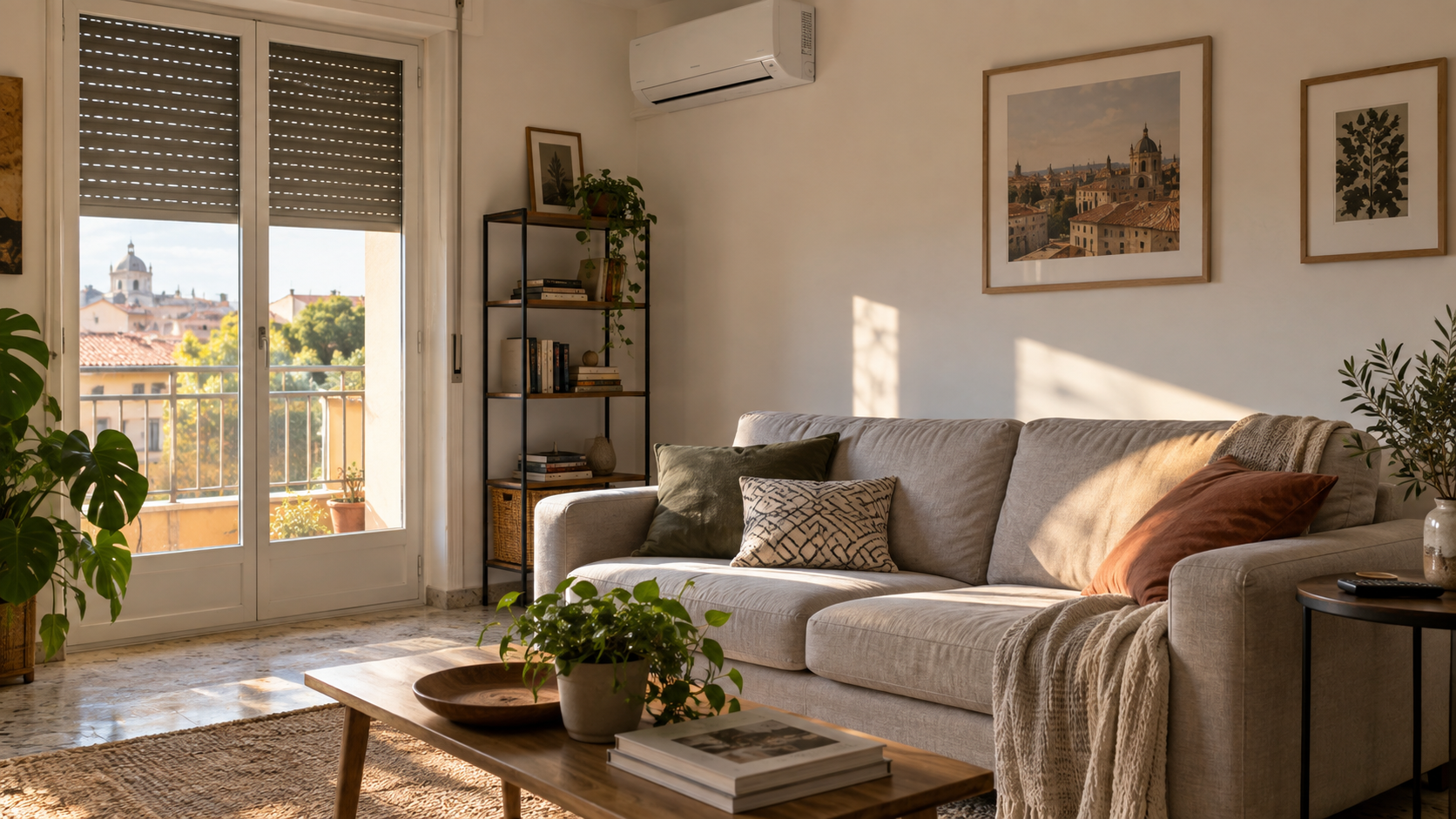 Soggiorno con climatizzatore a parete e schermature abbassate sulla finestra esposta al sole pomeridiano