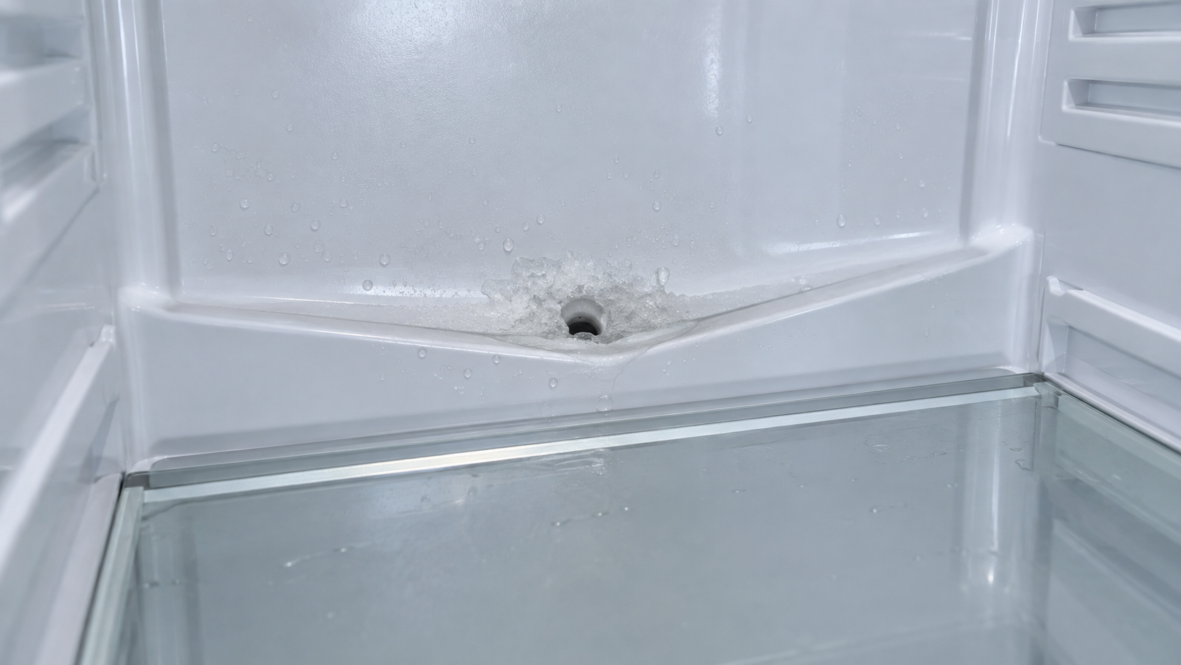 Canalina di scarico di un frigorifero bianco con un piccolo accumulo di ghiaccio trasparente intorno al foro centrale