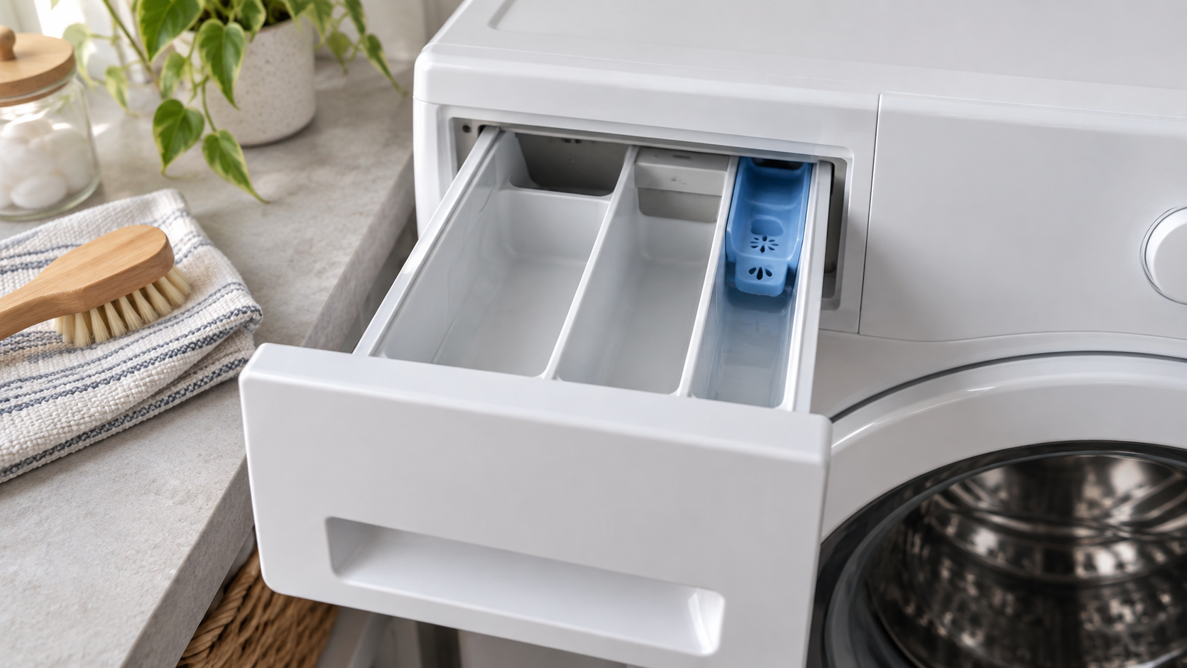 Cassetto del detersivo di una lavatrice con poca acqua nello scomparto dell’ammorbidente e una spazzola morbida accanto