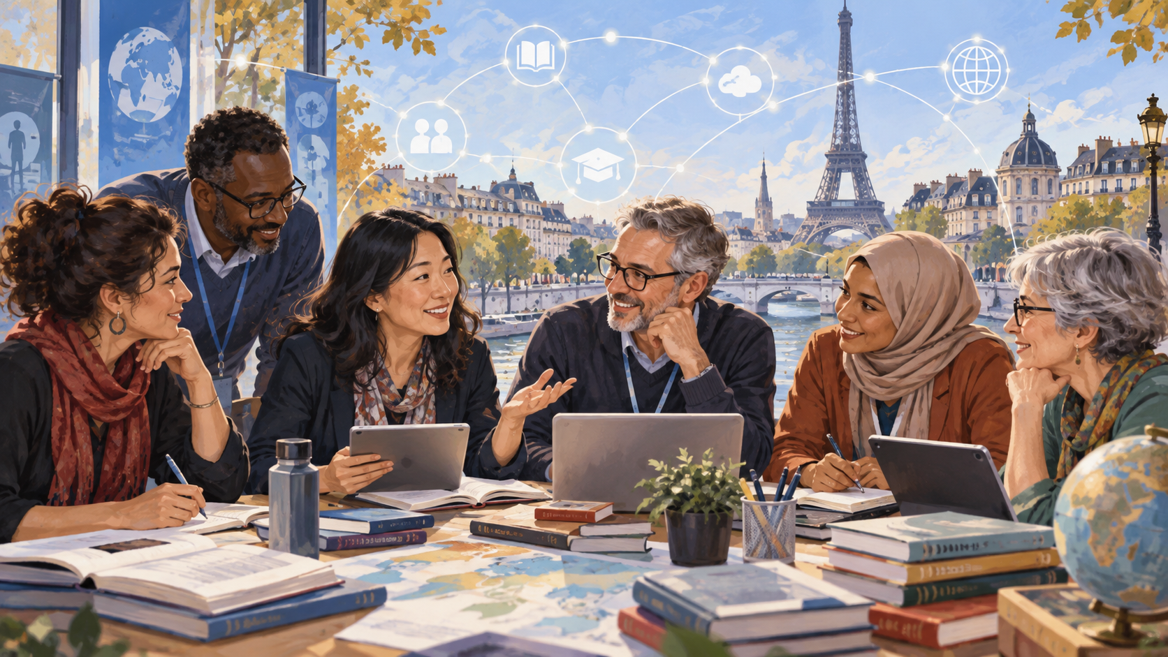 Docenti riuniti attorno a libri e tablet in un ambiente ispirato a Parigi